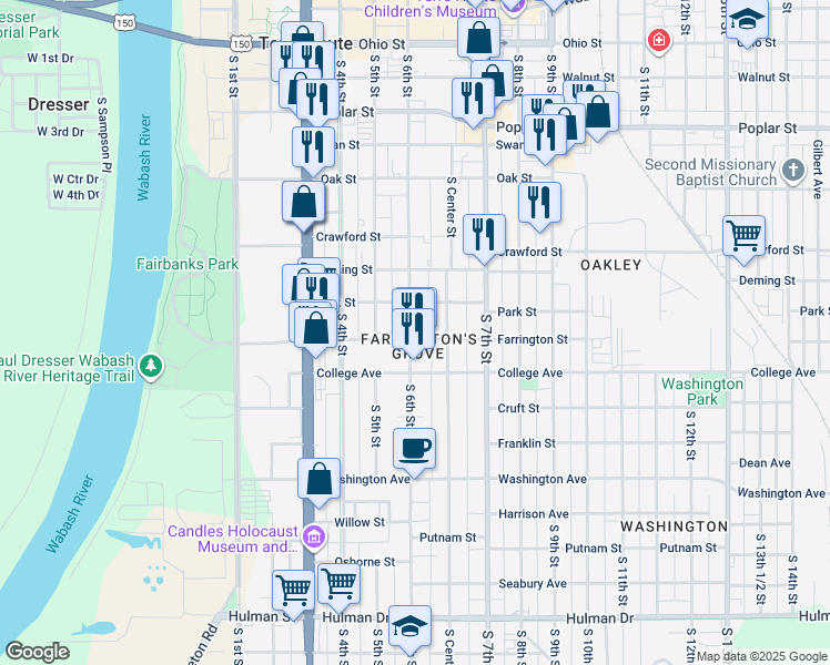 map of restaurants, bars, coffee shops, grocery stores, and more near 902 South 6th Street in Terre Haute