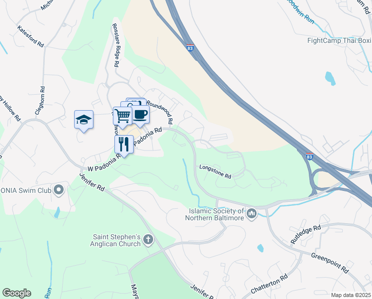 map of restaurants, bars, coffee shops, grocery stores, and more near 405 Plumbridge Court in Timonium