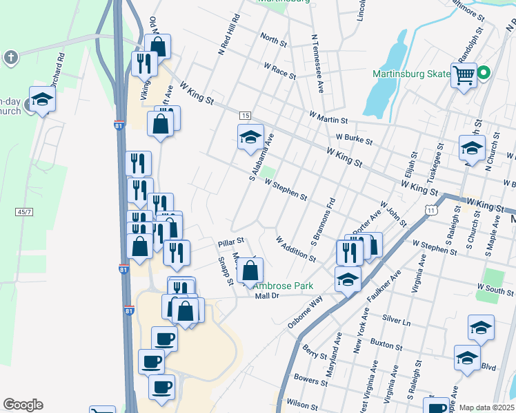 map of restaurants, bars, coffee shops, grocery stores, and more near 417 South Georgia Avenue in Martinsburg