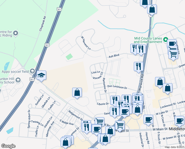 map of restaurants, bars, coffee shops, grocery stores, and more near 625 Lisa Lane in Middletown