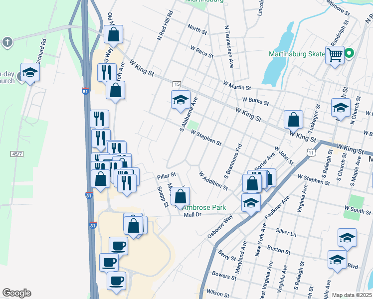 map of restaurants, bars, coffee shops, grocery stores, and more near 417 South Georgia Avenue in Martinsburg