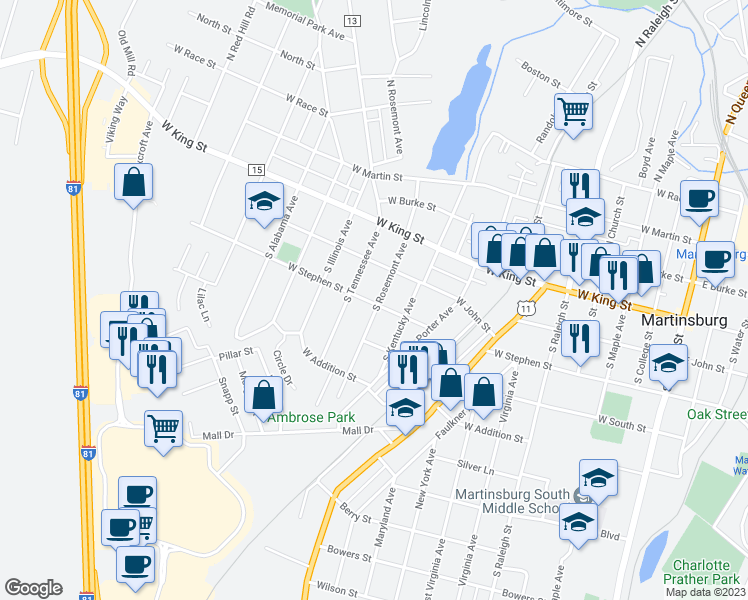 map of restaurants, bars, coffee shops, grocery stores, and more near 333 South Rosemont Avenue in Martinsburg