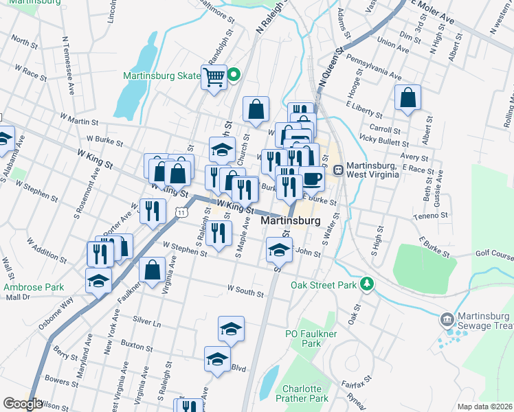 map of restaurants, bars, coffee shops, grocery stores, and more near 224 West King Street in Martinsburg
