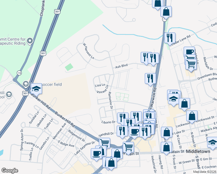 map of restaurants, bars, coffee shops, grocery stores, and more near in Middletown