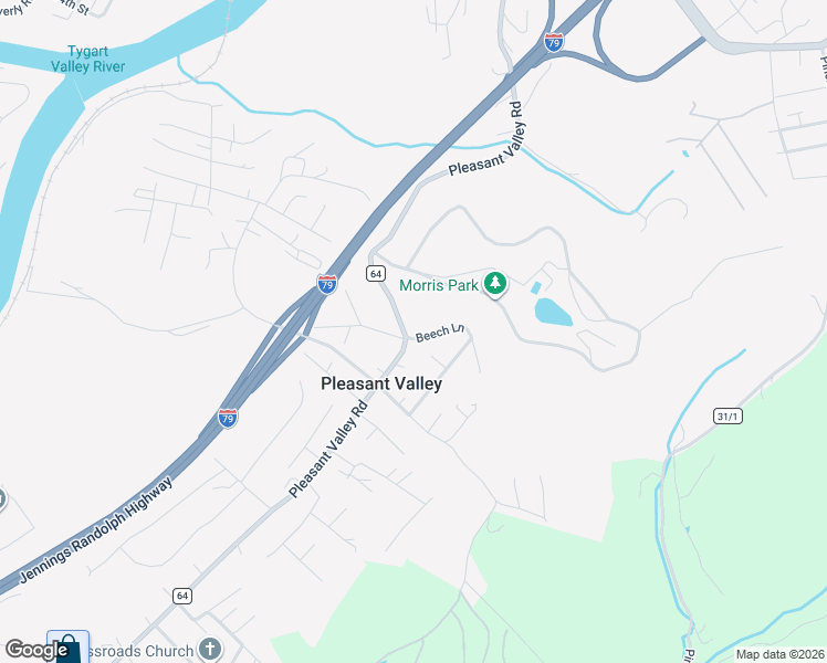map of restaurants, bars, coffee shops, grocery stores, and more near 1421 Pleasant Valley Road in Fairmont