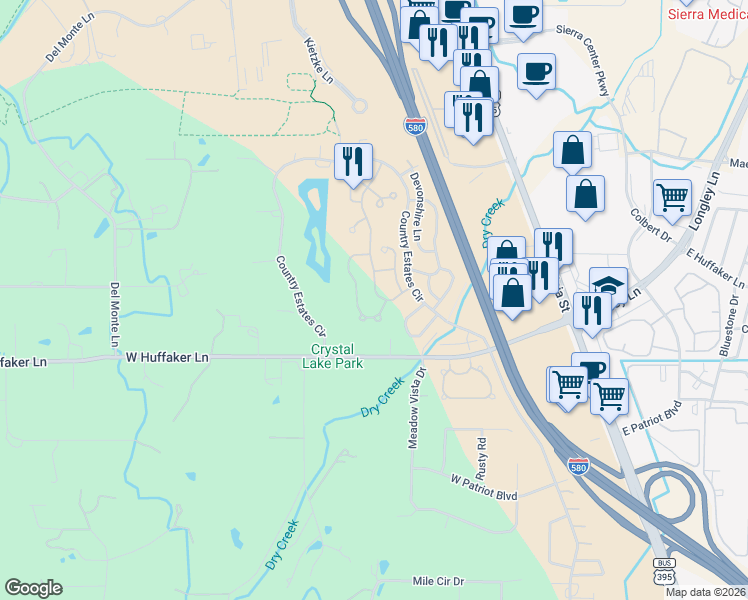 map of restaurants, bars, coffee shops, grocery stores, and more near 7557 Wheeldale Circle in Reno
