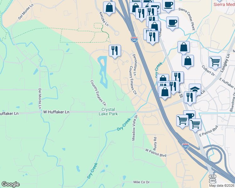 map of restaurants, bars, coffee shops, grocery stores, and more near 7545 Whimbleton Way in Reno