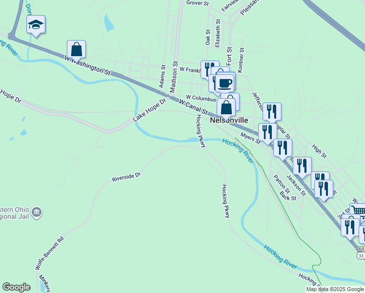 map of restaurants, bars, coffee shops, grocery stores, and more near 17350 Riverside Drive in Nelsonville