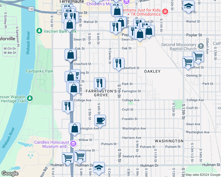 map of restaurants, bars, coffee shops, grocery stores, and more near 655 Park Street in Terre Haute