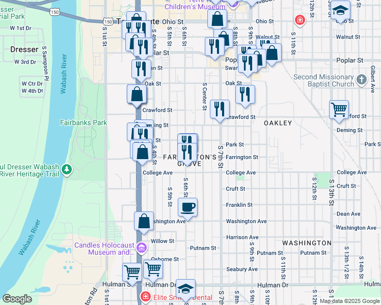map of restaurants, bars, coffee shops, grocery stores, and more near 902 South 6th Street in Terre Haute