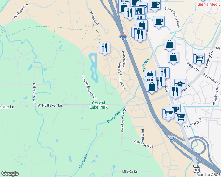 map of restaurants, bars, coffee shops, grocery stores, and more near 7557 Wheeldale Circle in Reno