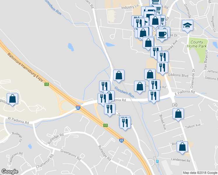 map of restaurants, bars, coffee shops, grocery stores, and more near 9740 Beaver Dam Road in Lutherville-Timonium