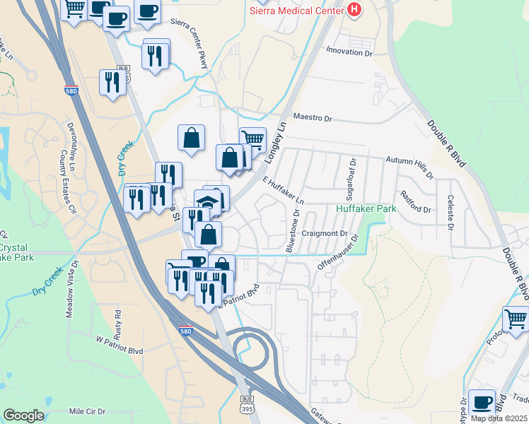 map of restaurants, bars, coffee shops, grocery stores, and more near 695 East Patriot Boulevard in Reno