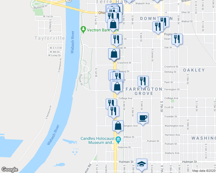 map of restaurants, bars, coffee shops, grocery stores, and more near 200 Farrington Street in Terre Haute