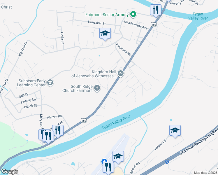 map of restaurants, bars, coffee shops, grocery stores, and more near 1650-1684 Otlahurst Dr in Fairmont