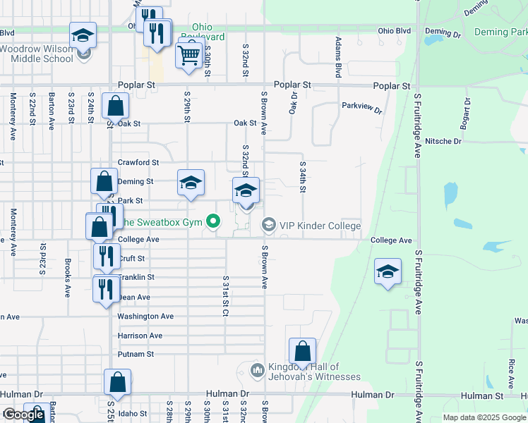 map of restaurants, bars, coffee shops, grocery stores, and more near 1011 South Brown Avenue in Terre Haute