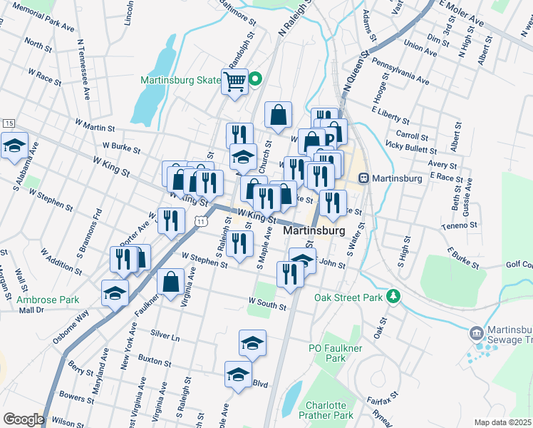 map of restaurants, bars, coffee shops, grocery stores, and more near 300 West King Street in Martinsburg