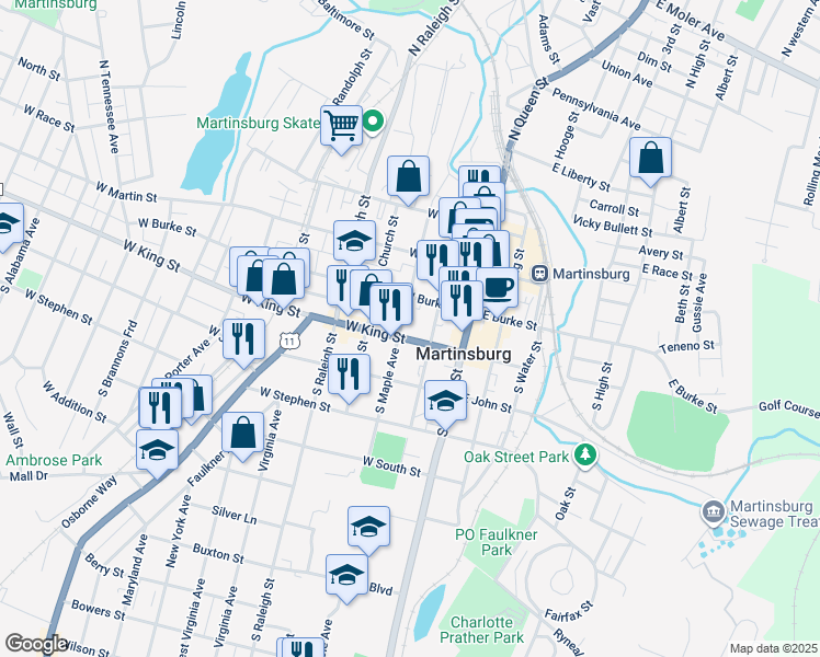 map of restaurants, bars, coffee shops, grocery stores, and more near 224 West King Street in Martinsburg