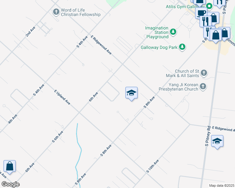 map of restaurants, bars, coffee shops, grocery stores, and more near 305 Charles Drive in Galloway