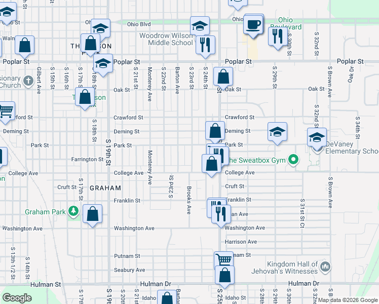 map of restaurants, bars, coffee shops, grocery stores, and more near 2300-2398 Park Street in Terre Haute