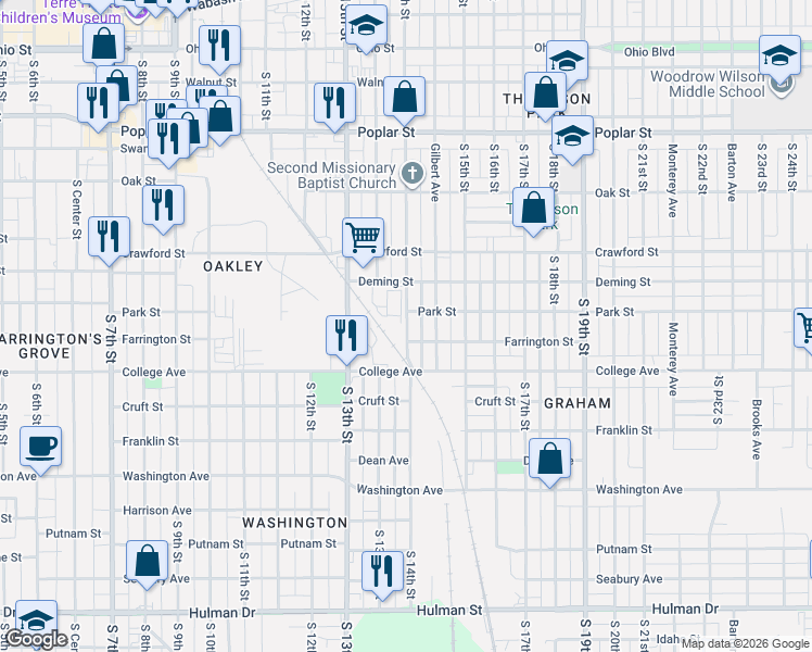 map of restaurants, bars, coffee shops, grocery stores, and more near 1329 Deming Street in Terre Haute