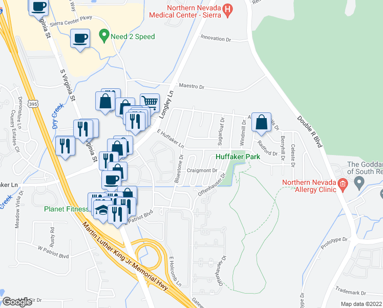 map of restaurants, bars, coffee shops, grocery stores, and more near 850 East Huffaker Lane in Reno
