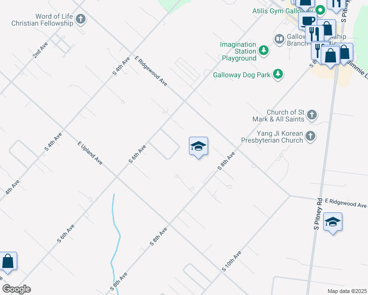 map of restaurants, bars, coffee shops, grocery stores, and more near 307 Charles Drive in Galloway