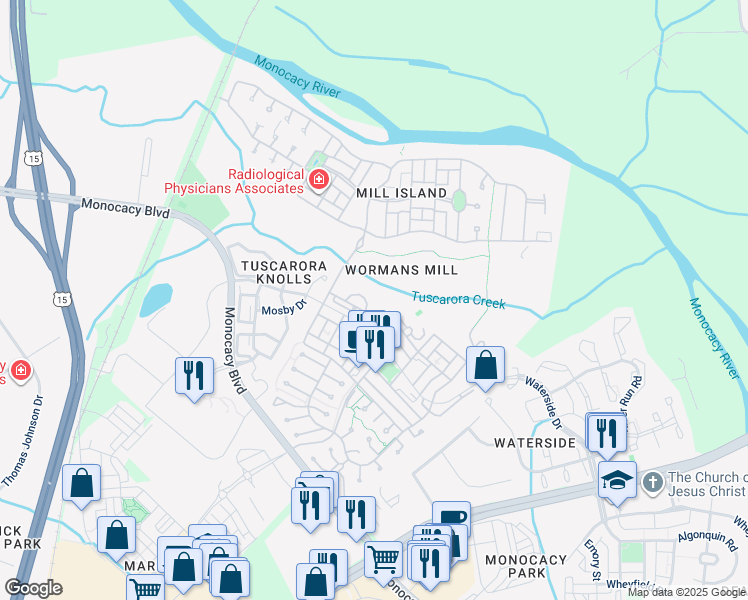 map of restaurants, bars, coffee shops, grocery stores, and more near 2500 Waterside Drive in Frederick