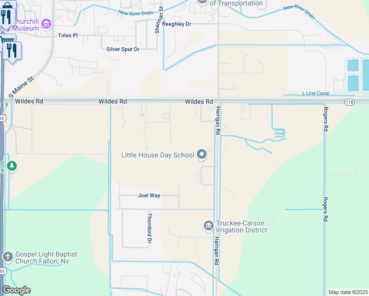 map of restaurants, bars, coffee shops, grocery stores, and more near 760 Wildes Road in Fallon