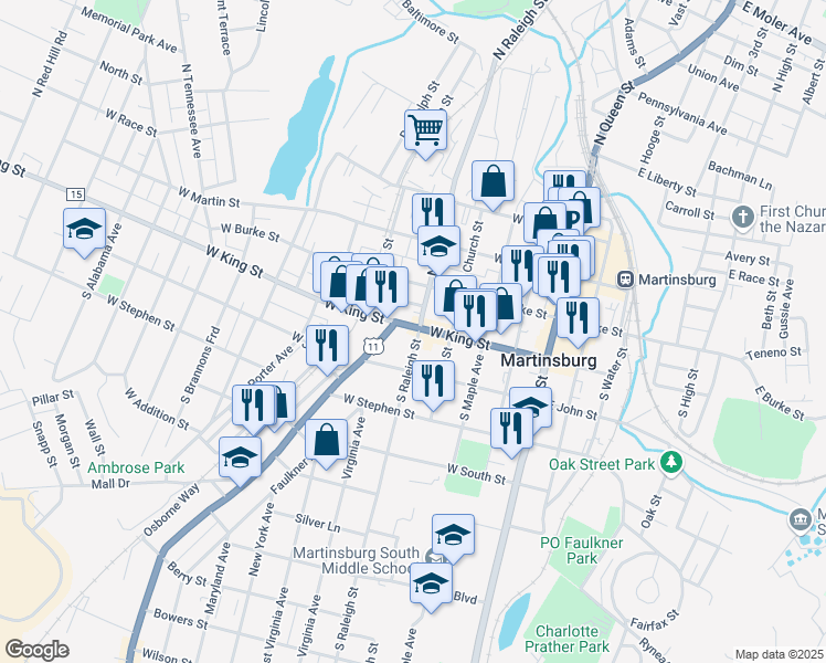 map of restaurants, bars, coffee shops, grocery stores, and more near 501 West King Street in Martinsburg