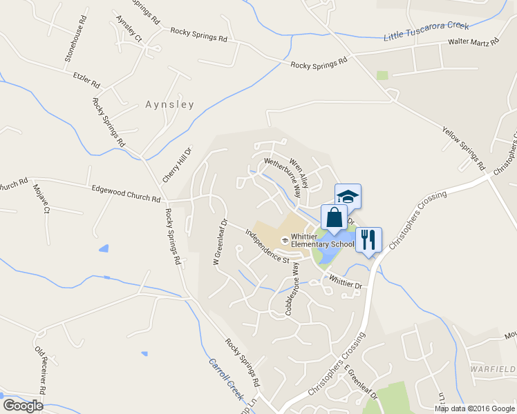 map of restaurants, bars, coffee shops, grocery stores, and more near 2209 Waller House Court in Frederick