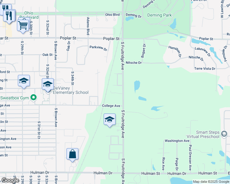 map of restaurants, bars, coffee shops, grocery stores, and more near 53 Pear Tree Lane in Terre Haute