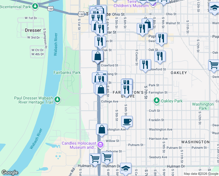 map of restaurants, bars, coffee shops, grocery stores, and more near 904 South 4th Street in Terre Haute