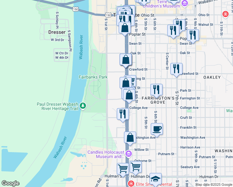 map of restaurants, bars, coffee shops, grocery stores, and more near 200 Farrington Street in Terre Haute