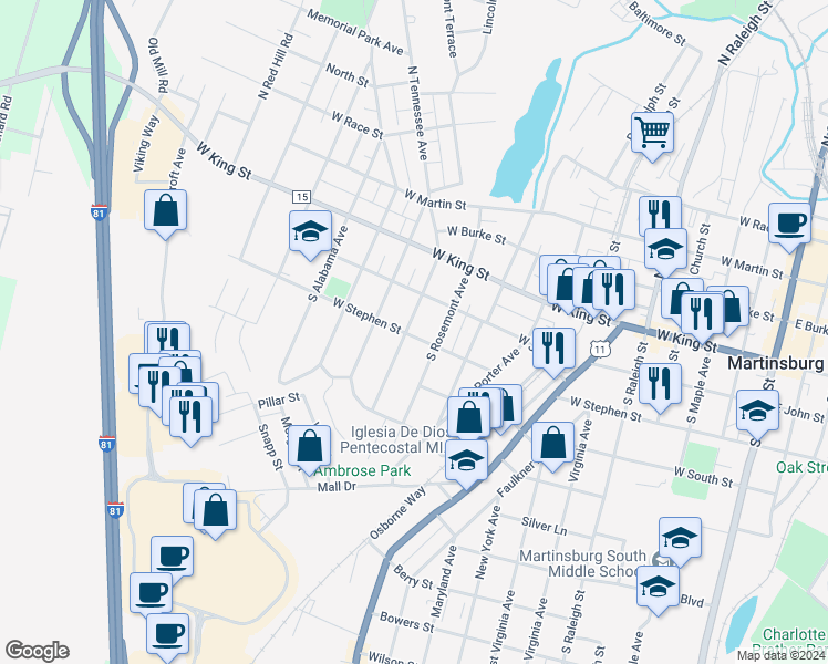 map of restaurants, bars, coffee shops, grocery stores, and more near 330 South Tennessee Avenue in Martinsburg