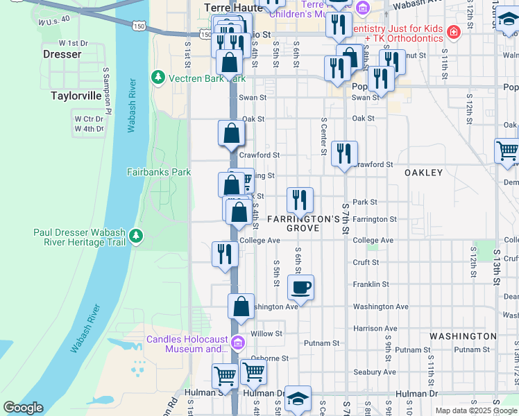 map of restaurants, bars, coffee shops, grocery stores, and more near 918 South 4th Street in Terre Haute