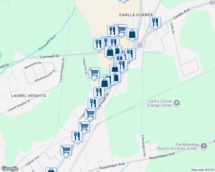 map of restaurants, bars, coffee shops, grocery stores, and more near 1024 North Pearl Street in Bridgeton