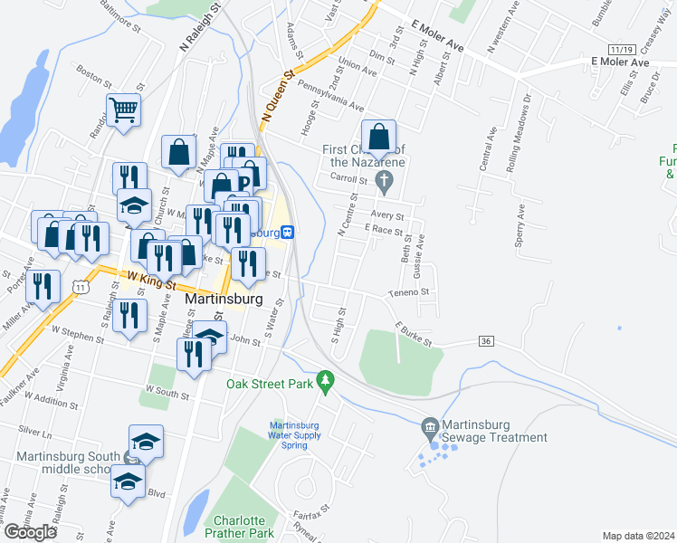 map of restaurants, bars, coffee shops, grocery stores, and more near 113 North Centre Street in Martinsburg