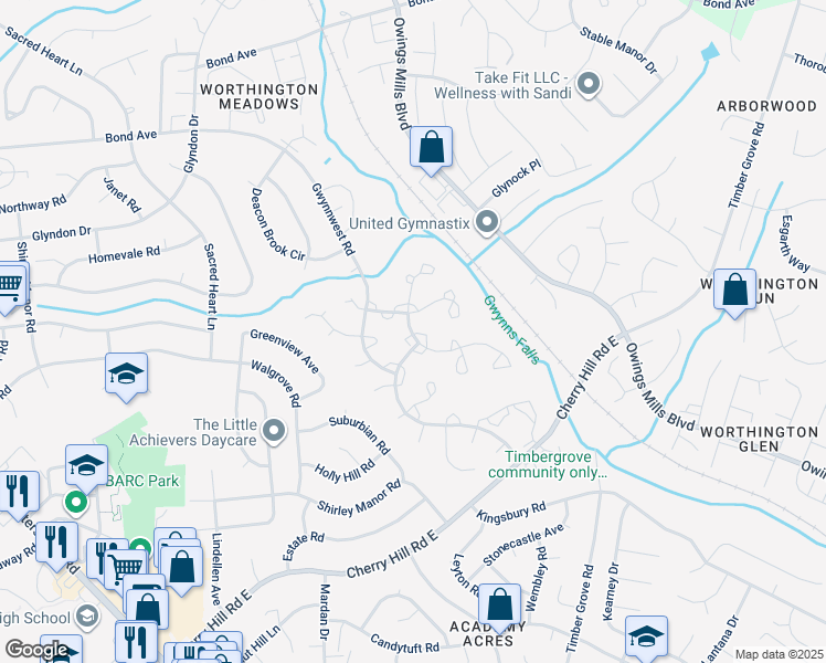 map of restaurants, bars, coffee shops, grocery stores, and more near 8 Empire Court in Reisterstown