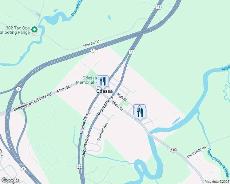 map of restaurants, bars, coffee shops, grocery stores, and more near U.S. 13 in Odessa