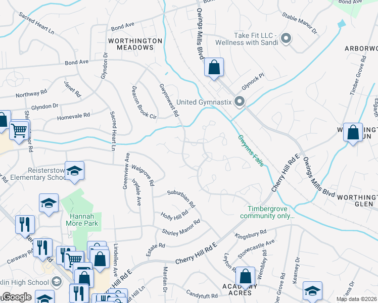 map of restaurants, bars, coffee shops, grocery stores, and more near 24 Addleton Court in Reisterstown
