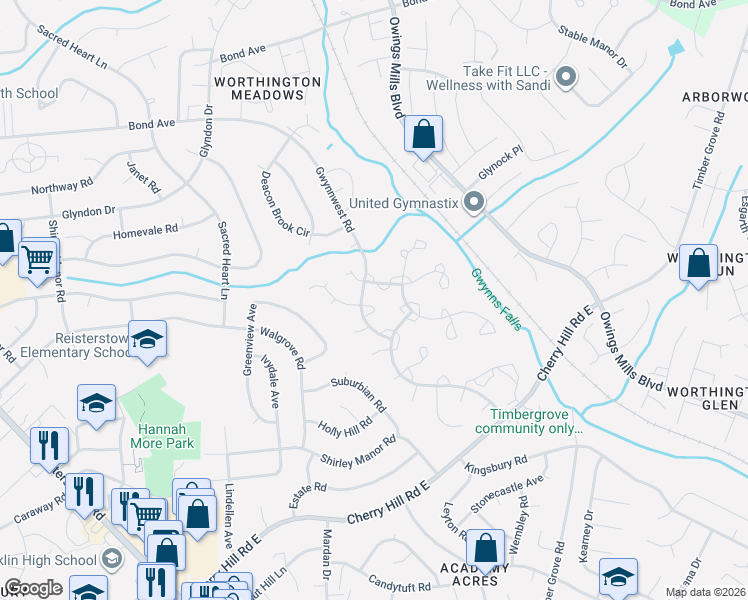 map of restaurants, bars, coffee shops, grocery stores, and more near 24 Addleton Court in Reisterstown