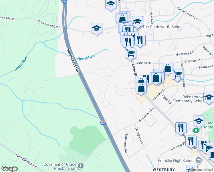 map of restaurants, bars, coffee shops, grocery stores, and more near 12418 Diploma Drive in Reisterstown