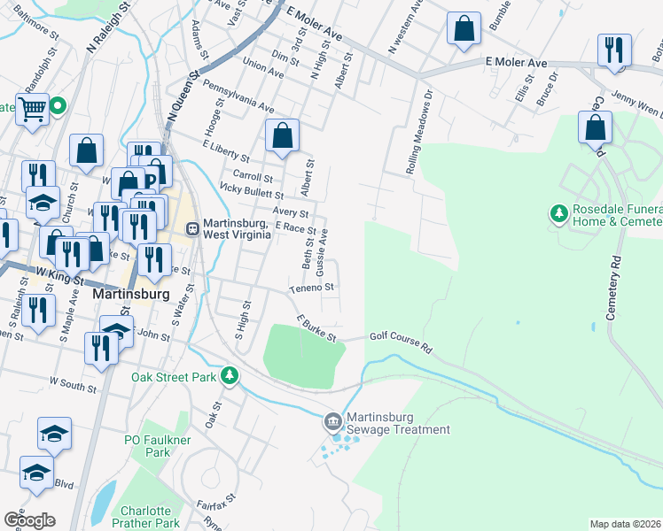 map of restaurants, bars, coffee shops, grocery stores, and more near 622 Jump Street in Martinsburg