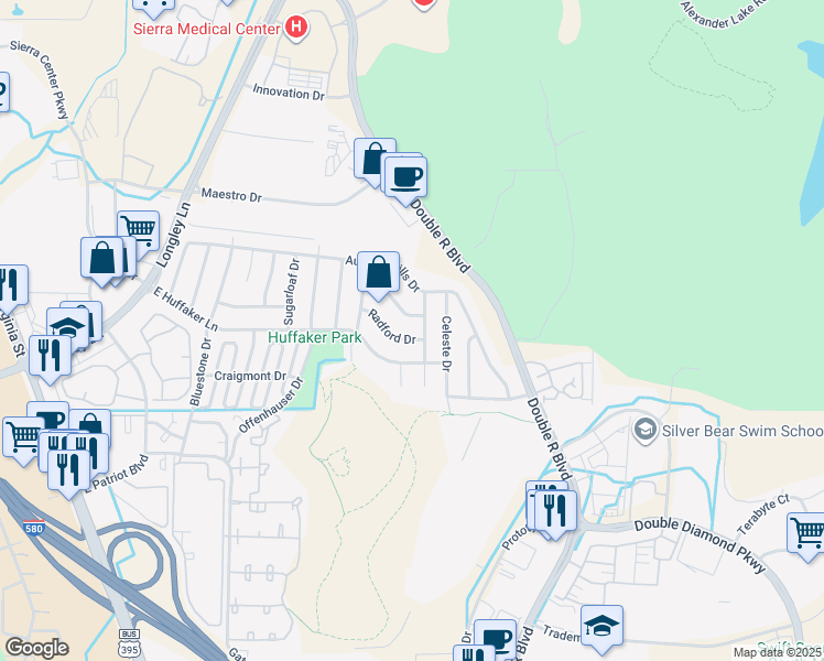 map of restaurants, bars, coffee shops, grocery stores, and more near 1280 Landerwood Drive in Reno