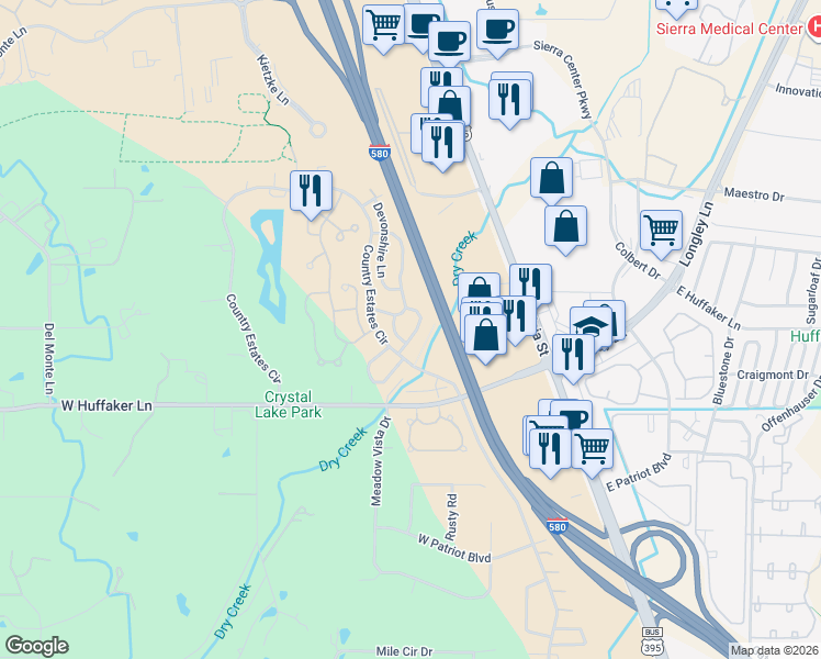 map of restaurants, bars, coffee shops, grocery stores, and more near 7710 Pickering Circle in Reno