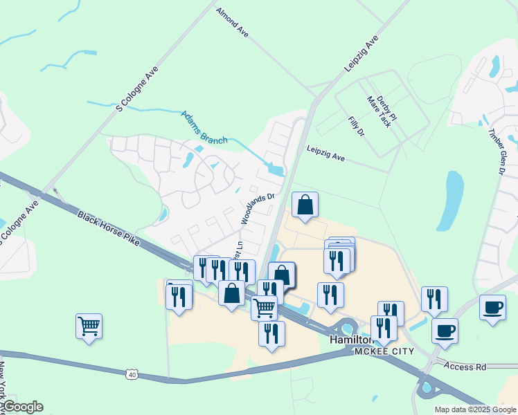map of restaurants, bars, coffee shops, grocery stores, and more near 2718 Goldenrod Court in Hamilton