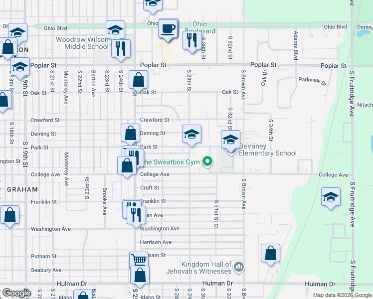 map of restaurants, bars, coffee shops, grocery stores, and more near 2732 Park Street in Terre Haute
