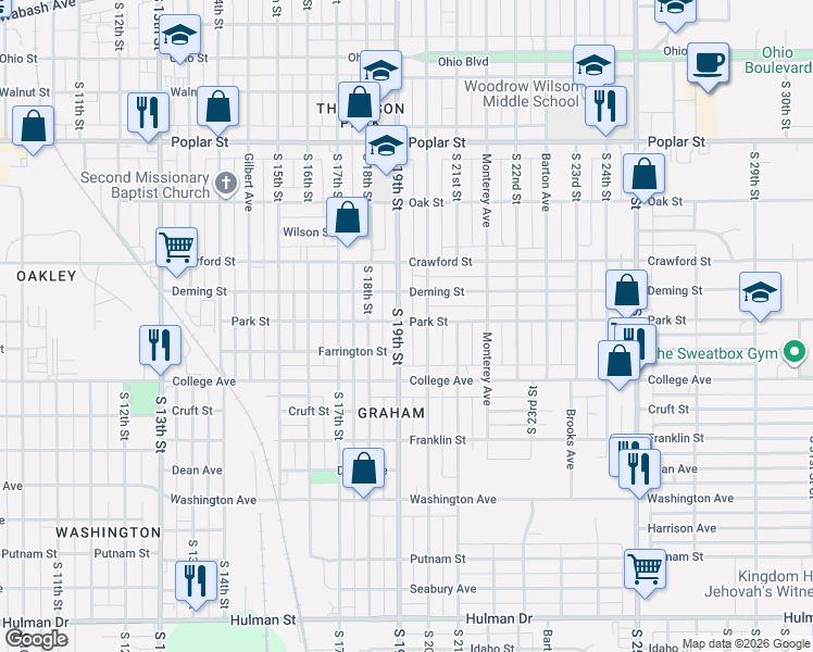 map of restaurants, bars, coffee shops, grocery stores, and more near 1816-1898 Park Street in Terre Haute