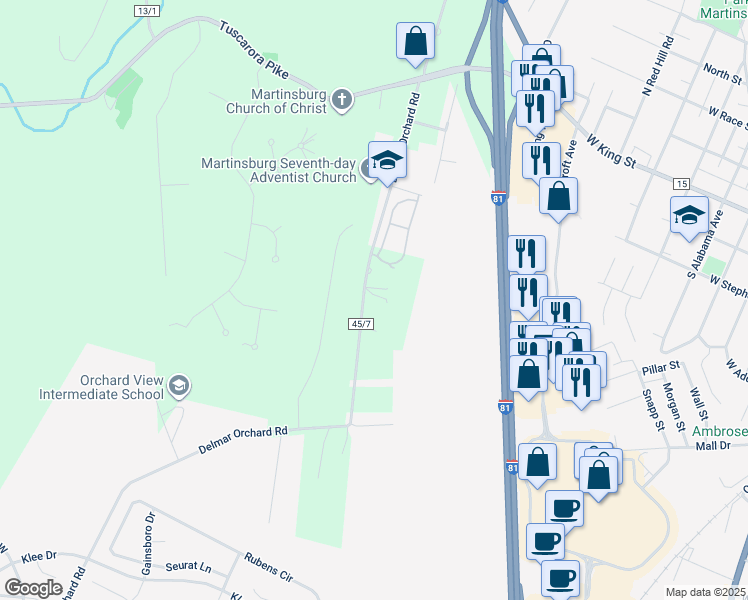 map of restaurants, bars, coffee shops, grocery stores, and more near 2148 Delmar Orchard Road in Martinsburg